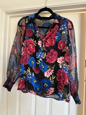 White House Black Market Sheer Black Blouse with Bright Floral Print, Size S